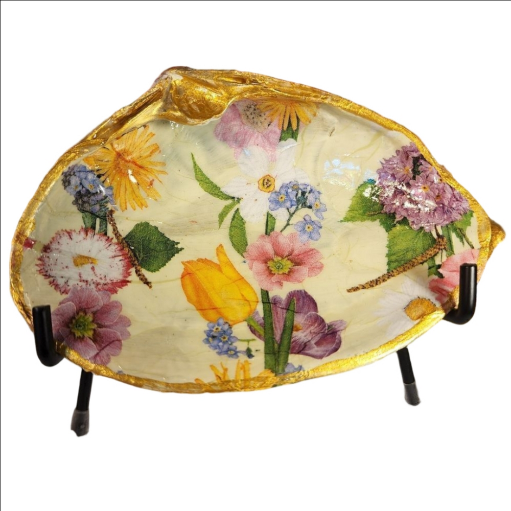 DECOUPAGE CLAM SHELL DECOUPAGE FLOWERS TRINKET DISH